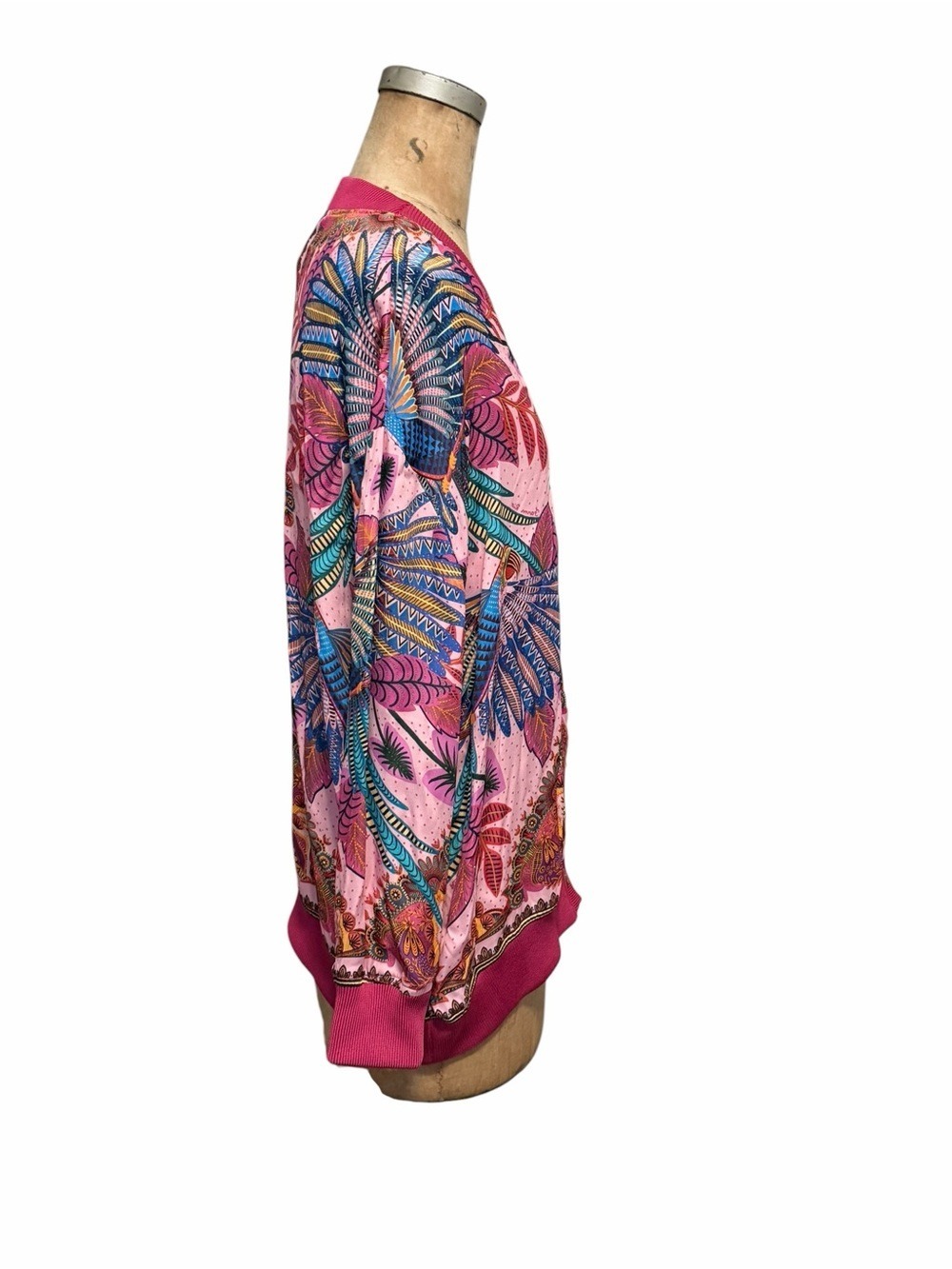 FARM Rio Macaw Scarf Print Pink Multicolor Botanical V-Neck Button Cardigan S - Picture 4 of 8